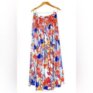 NWT CUPIO SKIRT ORANGE BLUE FLORAL STRIPE ON WHITE PEASANT MAXI SIZE L / LARGE